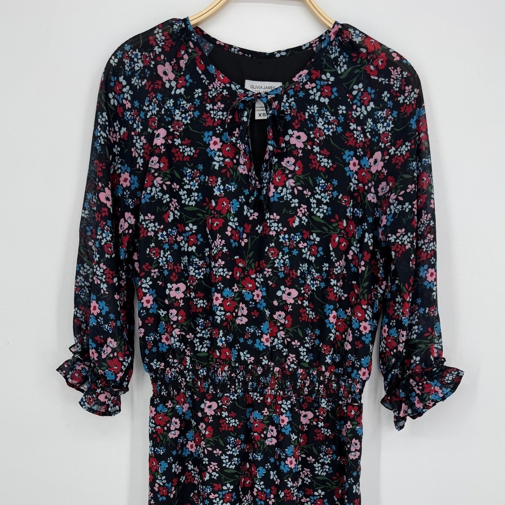 Olivia James The Label Floral Midi Dress XS Black Ruffle Hem Smocked Waist Boho - Picture 4 of 10